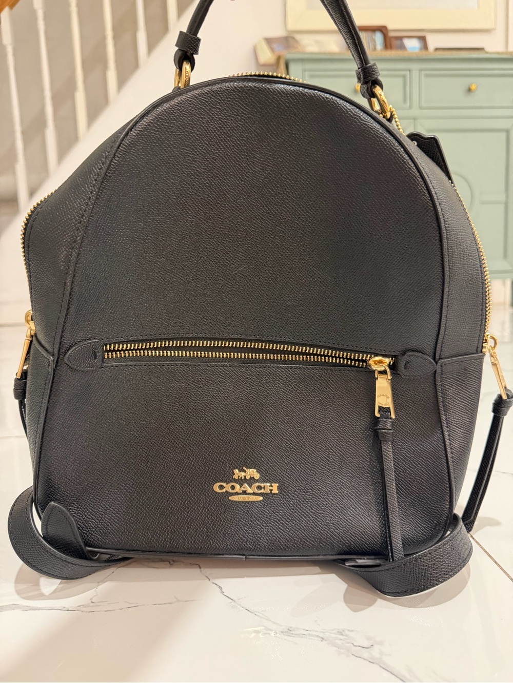 COACH Black Leather Dome Backpack with Gold Hardware Accents